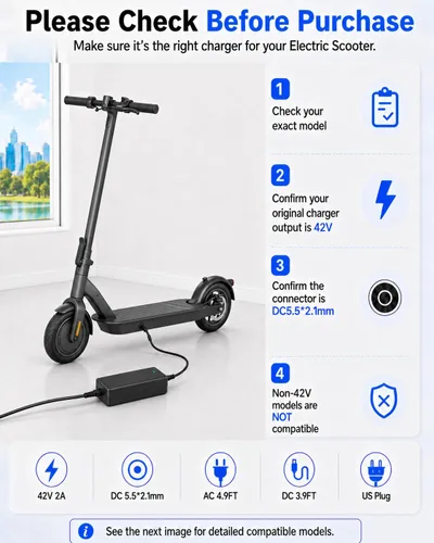 Vista 2 de VHBW - Cargador eléctrico para scooter de 42 V, 2 A, compatible con batería Hover-1 de 36 V for Highlander, Dynamo, Gambit, Helios, 5.5×2.5mm DC