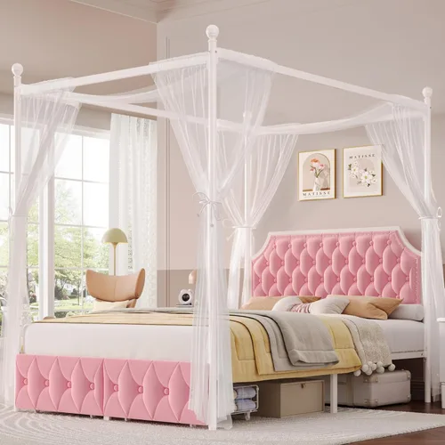 Vista 10 de Keyluv - Marco de cama con dosel tapizado tamaño King con 3 cajones y cabecera tapizada con botones, cama de plataforma metálica con 4 postes Beige