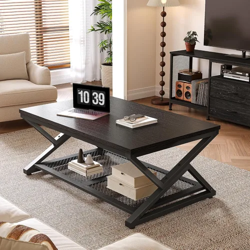 Vista 3 de EnHomee Mesa de Café con Almacenamiento, Mesas de Café Modernas para Sala de Estar con Estante de Malla, Mesa de Centro Rectangular de 2 Niveles