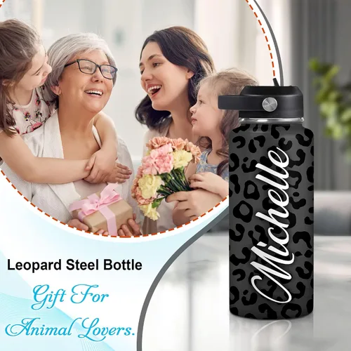 Vista 3 de Hyturtle Botella de agua personalizada de leopardo, botella de acero inoxidable aislada con tapa a prueba de fugas, 18 onzas, 32 onzas, regalo