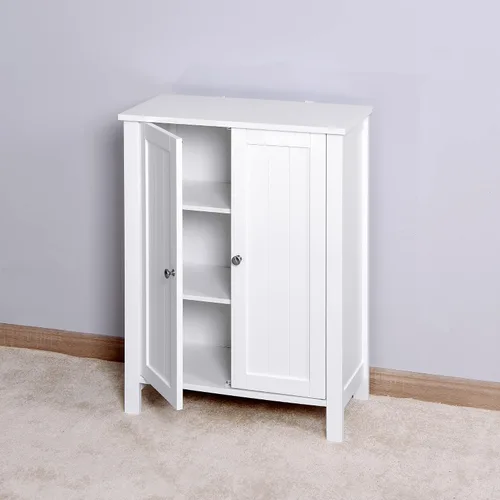 Vista 8 de NewCosmos Gabinete de almacenamiento de piso de baño con estante ajustable de doble puerta, color blanco