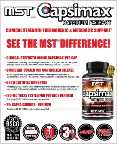 Vista 4 de MST Capsimax Suplemento de 100 mg V cápsulas, 60 porciones clínicamente dosificadas control de peso, termogénico, control del apetito, quema