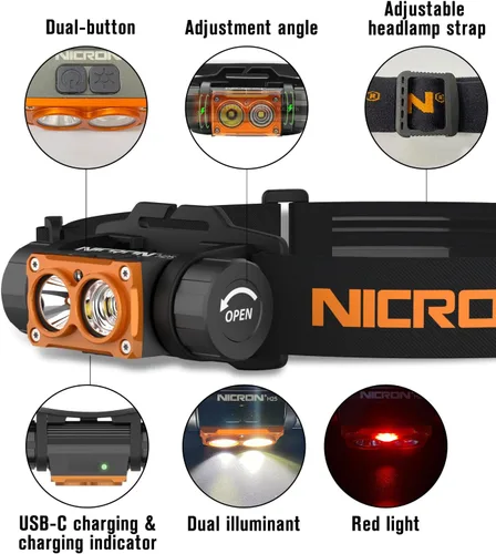 Vista 2 de NICRON Linterna frontal recargable, de alto brillo de 1500 lúmenes, 180 °, de aluminio, con 3 fuentes de luz, 10 modos, impermeable, linterna H25