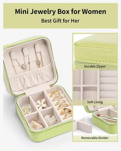 Vista 3 de Vlando Pequeño organizador de joyero de viaje Anillo de regalo para mujer, aretes, collares, vitrina de almacenamiento para niñas, color verde