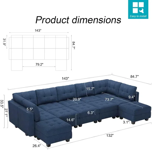 Vista 2 de Belffin Sofá cama modular modular con diván reversible en forma de U con asientos de almacenamiento de gran tamaño de 12 asientos, sofá modular azul