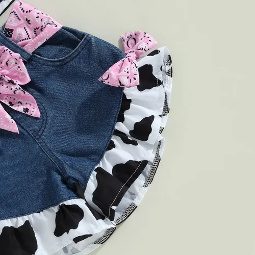 Vista 7 de Emmababy Trajes de mezclilla occidentales para niñas pequeñas, con volantes, sin mangas, con estampado de vaca, con botones, con cinturón