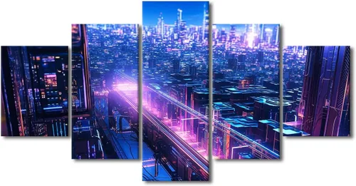 Vista 48 de Póster de 5 paneles en lienzo para decoración de pared, diseño de centro urbano Cyberpunk, impresión moderna, decoración de pared para el hogar