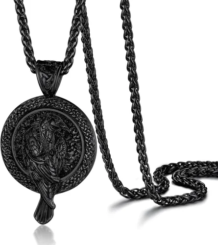 Vista 7 de PROSTEEL Thor Hammer/Thor Axe/Raven/Odin Necklace for Men Women Negro