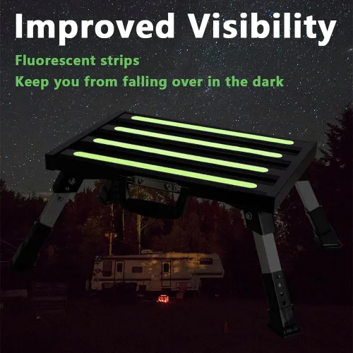 Vista 5 de Escalones de aluminio para caravana, taburete plegable ajustable de 4 niveles con patas de goma antideslizantes, plataforma de tira fluorescente