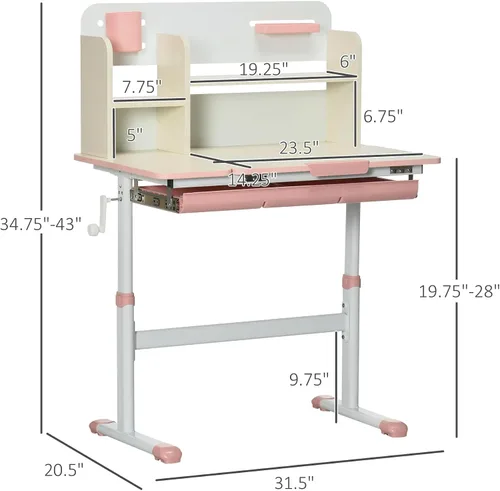 Vista 10 de Qaba Escritorio de estudio de madera para niños Altura ajustable
