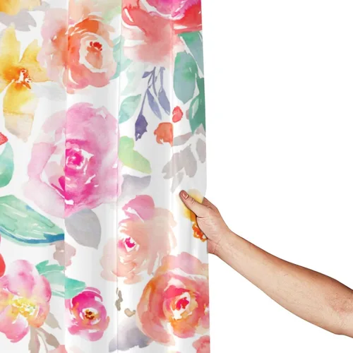 Vista 7 de Lovetar Cortina de ducha con diseño de flores de acuarela brillante, diseño femenino, tela impermeable, lavable, juego de cortinas de baño para baño