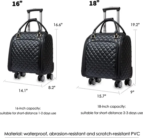 Vista 3 de VH&GRED Maleta de lujo con ruedas universales de 16 pulgadas, ligera, de viaje, pequeña, con costuras de diamante, bolsa de cuero sintético, Negro