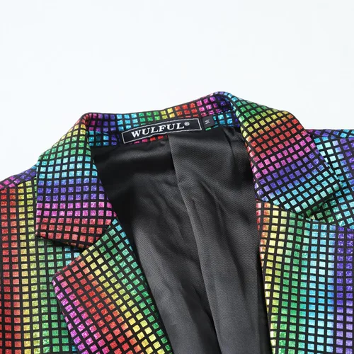 Vista 5 de WULFUL Traje de discoteca de 2 piezas para hombre, disfraz de los años 70, chaqueta y pantalones de lentejuelas para fiesta de Halloween, trajes