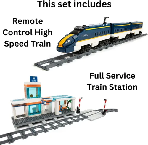 Vista 2 de Block Builder Juego de bloques de construcción con control remoto de tren de alta velocidad con estación de tren completo (1532 piezas). Bloques