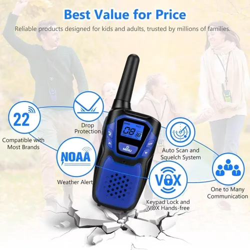 Vista 6 de Topsung Walkie Talkies para Niños Recargables Walkie Talkie para Adultos de Largo Alcance FRS Radio de 2 Vías Paquete de 3 con Cordón, Batería NOAA
