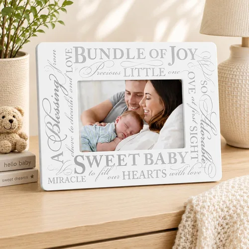 Vista 3 de Malden International Designs Bundle of Joy - Marco de fotos para bebé, de 4 x 6 pulgadas, color blanco con sentimientos de lámina plateada