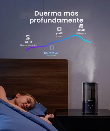 Vista 6 de ROSEKM Humidificadores para dormitorio (1.1L), pequeño humidificador de niebla fría para hogar, plantas y guardería de bebé, humidificador