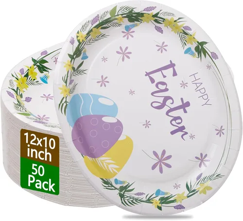 Vista 17 de WDF Paquete de 50 platos florales ovalados de papel, platos llanos desechables grandes de 10 x 12 pulgadas, platos desechables florales