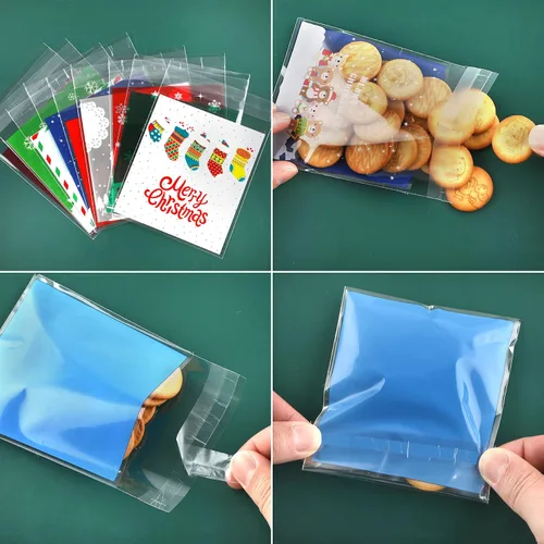 Vista 3 de FEBSNOW 450 bolsas de dulces de Navidad, bolsas autoadhesivas de celofán, bolsas de plástico para galletas para Navidad, fiestas, regalos