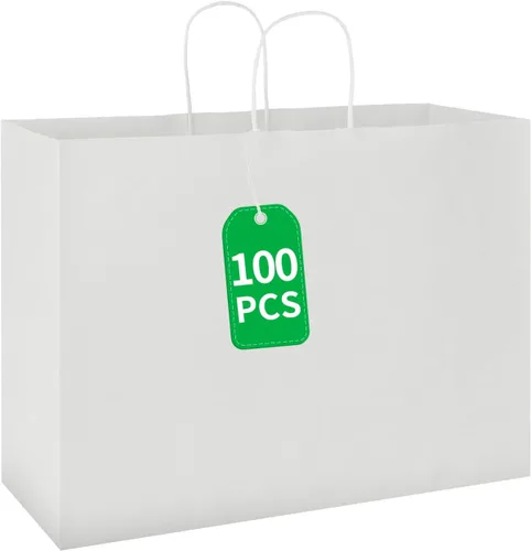 Vista 8 de bagmad Paquete de 50 bolsas grandes de papel kraft blanco de 16 x 6 x 12 pulgadas con asas a granel para compras, bodas, comestibles, mercancías al