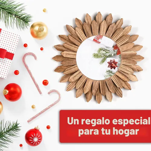 Vista 3 de Emfogo Espejo de Pared de 12 Pulgadas de Madera Rústica Sunburst Espejo Boho Decoración de Pared Decoración del Hogar para Dormitorio Sala de Estar