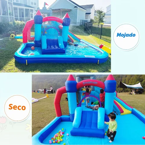 Vista 2 de AKEYDIY Toboganes acuáticos inflables, estilo castillo, parque acuático inflable al aire libre con escalada, borde de baloncesto, piscina