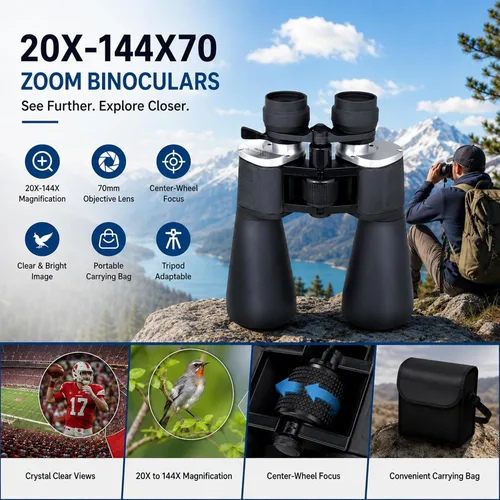 Vista 3 de Binoculares militares Zoom 144X, negro 20-144X Zoom Binoculars with 70mm Lens, HD Optics, Center Focus, Lightweight Travel Design for Outdoor