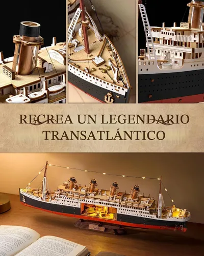 Vista 4 de Rolife Rompecabezas de madera 3D para adultos, kit de modelo Titanic con luces LED, kit de construcción de barcos para decoración de escritorio