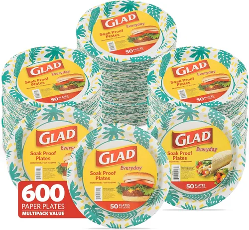 Vista 8 de Glad Platos redondos de papel desechables, patrón de hojas de palma, a prueba de remojo, resistentes a cortes, aptos para microondas para comidas