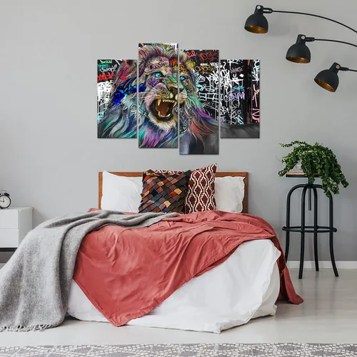 Vista 5 de Cuadro de 4 paneles de graffiti en lienzo de animales para decoración de pared, arte abstracto del rey león, lienzo enmarcado en blanco y negro