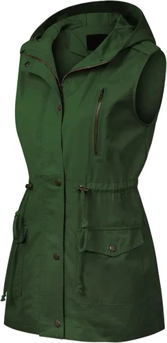 Vista 2 de MixMatchy Chaleco de safari sin mangas con cordón para mujer, ligero, holgado, para mujer un verde militar