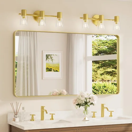 Vista 74 de Espejo de marco dorado cepillado de 16 x 24 pulgadas, espejo de tocador de baño de latón dorado para pared, espejo enmarcado rectangular de esquina