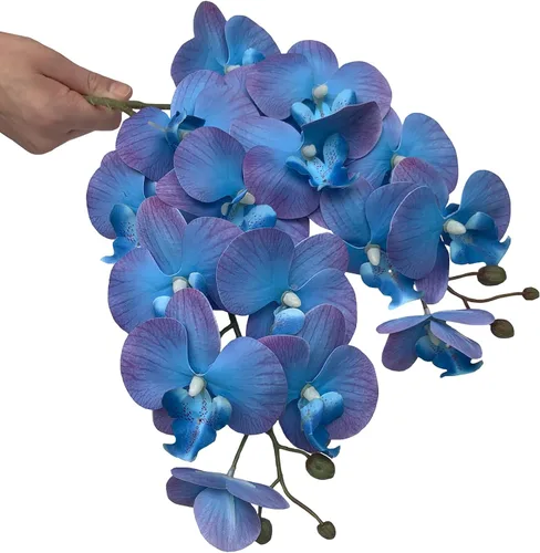 Vista 4 de HinyoCo - 5 flores artificiales de orquídea y 4 paquetes de hojas, flores artificiales de Phalaenopsis de 32 pulgadas para decoración del hogar