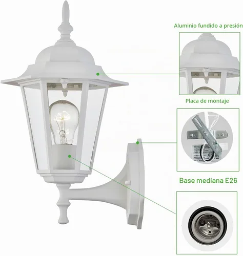Vista 5 de WISBEAM Farol de pared para exteriores, aplique de pared como accesorio de iluminación de porche, base E26 de 60 W máximo, carcasa de metal más