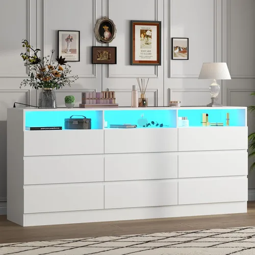 Vista 9 de Cómoda de 9 cajones con toma de corriente, cómoda moderna con luz LED, soporte de TV de madera, organizador de aparadores doble ancho para armario