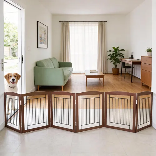 Vista 11 de ZJSF Puerta plegable independiente para perros para casa, puerta de madera extra ancha para cachorros, escaleras, puertas para mascotas, valla alta