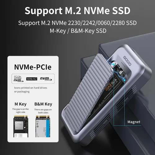 Vista 4 de GODO Carcasa SSD NVMe M.2 de 40 Gbps, carcasa de aluminio tipo C USB4.0, instalación sin herramientas, compatible con SSD tamaño 2230/2242/2260/2280
