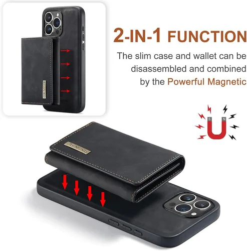 Vista 4 de Funda tipo cartera 2 en 1 para iPhone 15 Pro Max, funda protectora de poliuretano termoplástico (TPU) a prueba de golpes, cartera magnética