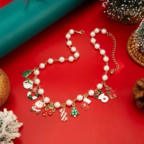 Vista 8 de Christmas Jewelry Set for Women - Christmas Earrings, Bracelet, Necklace Trio & Pearl Necklace with Festive Pendant Festive Holiday Party Jewelry