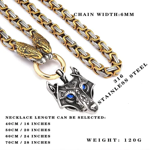 Vista 4 de Collar con colgante de lobo Fenrir con cabeza de dragón dorado con mezcla de acero inoxidable para hombre, amuleto vikingo nórdico con dije de lobo