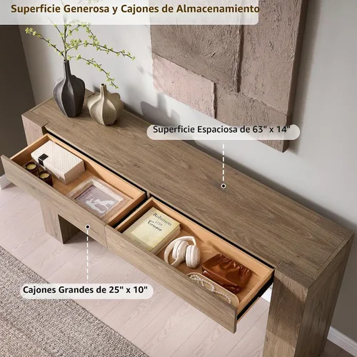 Vista 4 de OKD Moderna mesa consola de entrada, mesa de sofá con cajones, mesa de pasillo de 63 pulgadas de largo detrás del sofá, diseño de madera gruesa