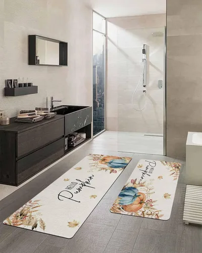 Vista 2 de Tapete de baño de calabaza verde azulado naranja para bañera, antideslizante, de secado rápido y absorbente, tierra de diatomeas, para fregadero