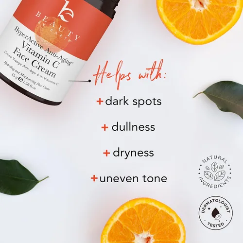 Vista 3 de Beauty by Earth Crema facial con vitamina C, fabricada en Estados Unidos con ingredientes orgánicos y naturales, crema iluminadora de piel