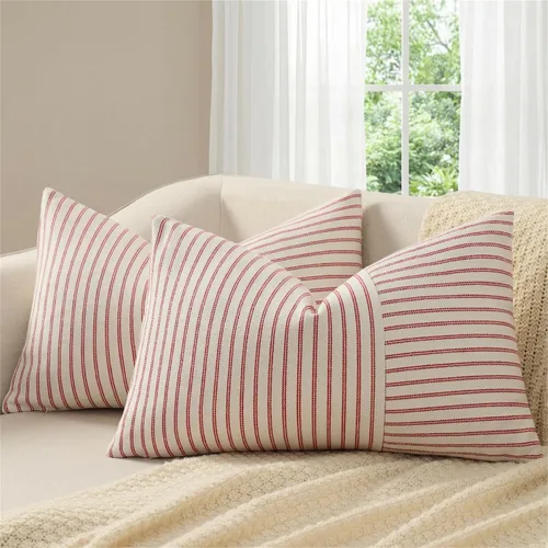 Vista 10 de Fundas de almohada de granja de 12 x 20 pulgadas, 2 fundas de almohada lumbares modernas, decorativas, de lino, con retazos de rayas negras y beige