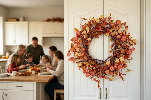 Vista 8 de Corona de otoño de 20 pulgadas para puerta delantera, decoración de otoño con hojas de eucalipto naranja, coronas rústicas de cosecha de Acción