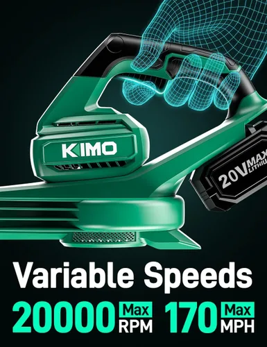Vista 2 de KIMO - Soplador de hojas inalámbrico con batería y cargador, paquete de 2 baterías, tubo de extensión, velocidad variable de 20000 RPM, soplador