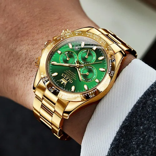 Vista 4 de OLEVS Relojes de oro automáticos para hombres, de lujo, clásicos, de acero inoxidable, calendario, luminosos, impermeables, para hombres
