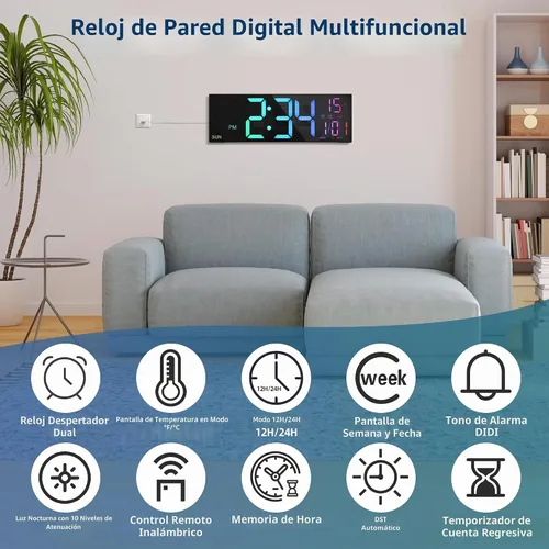 Vista 6 de LEIKE Reloj de pared digital grande de 16.2 pulgadas con control remoto, LED grande, alarma dual, 8 colores RGB, brillo automático, fecha, DST Negro