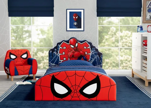 Vista 3 de Delta Children - Cama individual tapizada Marvel Spider-Man, rojo/azul y silla de espuma Marvel Spider-Man para niños, color rojo