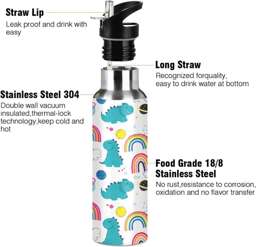 Vista 3 de Stainless Steel Vacuum Insulated Water Bottle 32 Oz, BPA-Free Sports Water Bottle with Straw for Gym Outdoor Travel School, Cute Dinosaurs Rainbows